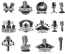 Set Of Karaoke Party Labels. Vintage Microphone, Gramophone. Design Elements For Label, Emblem, Sign. Vector Illustration