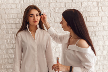 Woman client and beautician completes the correction of eyebrows. Visagiste applying eyebrow makeup.