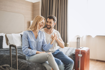 Young couple travel together hotel room leisure