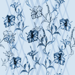  Tropical red hibiscus flowers. Seamless floral pattern hand drawn outlines and watercolor, on a geometric ornament, vertical diamond layout. Blue trend hues background. Fabric texture.