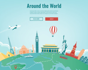 Wall Mural - Travel composition with famous world landmarks. Travel and Tourism. Concept website template. Vector.