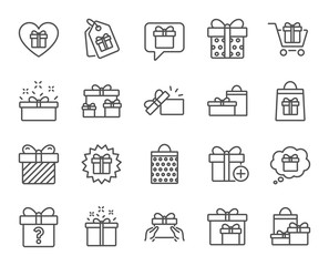 Poster - Gifts line icons. Set of Present box, Offer and Sale signs. Shopping cart, Tags and Chat symbols. Speech bubble, Give a gift and Question mark. Quality design elements. Editable stroke. Vector