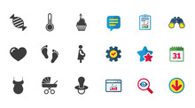 Pregnancy, Maternity And Baby Care Icons. Candy, Baby Carriage And Pacifier Signs. Footprint, Cake And Thermometer Symbols. Calendar, Report And Download Signs. Stars, Service And Search Icons