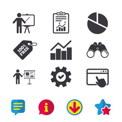 Poster - Diagram graph Pie chart icon. Presentation billboard symbol. Man standing with pointer sign. Browser window, Report and Service signs. Binoculars, Information and Download icons. Stars and Chat