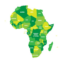 Political Map Of Africa In Four Shades Of Green With White Country Name Labels On White Background. Vector Illustration.
