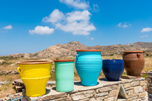 Traditional Colorful Greek Flower Pots On Naxos Island. Cyclades. Greece 