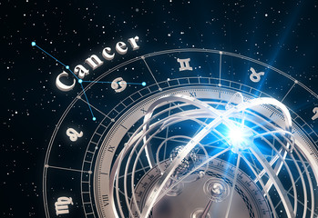 Wall Mural - zodiac sign cancer and armillary sphere on black background