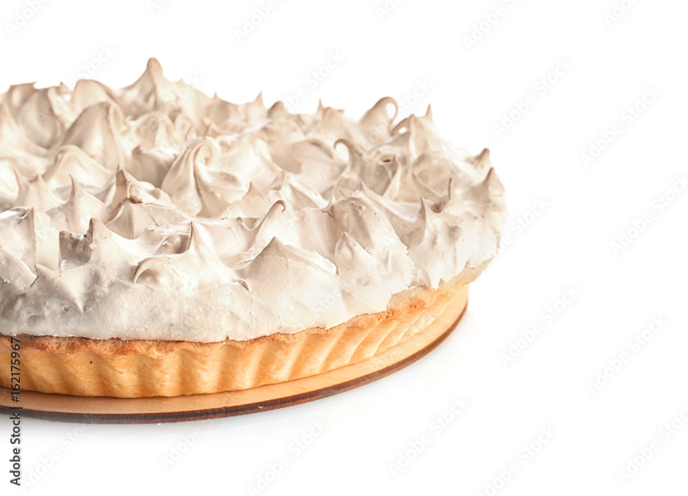 Tasty lemon meringue pie on white background, closeup