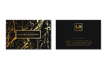 Luxury business cards, banner and cover with marble texture and golden foil details on black background. Branding and identity graphic design vector template