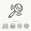 © tanyastock - Baby rattle icon. Toddler toy sign. Child fun ball symbol. Notebook, Calendar and Cogwheel signs. Download arrow web icon. Vector