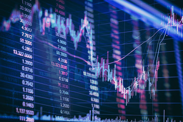 Abstract financial candlestick chart with line graph and stock numbers in Double exposure style background