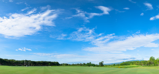 Panorama of sky clouds and grass on meadow in summer