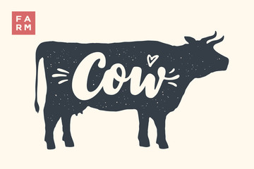 Farm animals set. Isolated cow silhouette and words Cow, Farm. Creative graphic design with lettering Cow for butcher shop, farmer market. Poster for animals theme. Vector Illustration