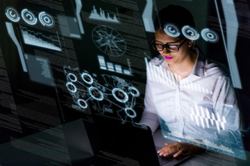 Poster - woman engineer looking at various information in screen of futuristic interface.
