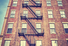Residential Building Fire Escape In New York City, Color Toning Applied, USA.