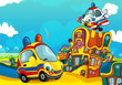 © honeyflavour - Cartoon ambulance car smiling and looking in the parking lot and plane flying over - illustration for children