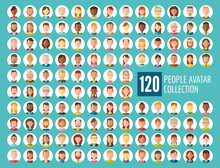 Collection Of 120 Different People Avatars In Flat Design.  Diverse Type Of People With Different Nationalities, Ages, Clothing And Hair Styles. Round Vector Icons Isolated On White Background.