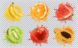 Orange, kiwi fruit, banana, tomato, watermelon, papaya juice. Fresh fruits and splashes, 3d vector icon set