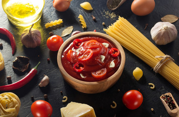 Canvas Print - tomato sauce in bowl on black background