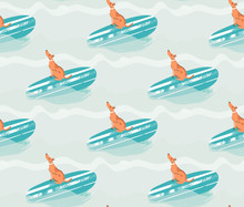 Hand Drawn Vector Abstract Summer Time Fun Seamless Pattern Illustration With Surfing Dog On Surfboard On Blue Ocean Waves