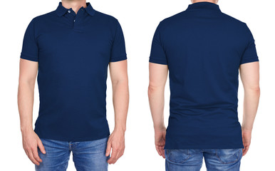 t-shirt design - young man in blank dark blue polo shirt from front and rear isolated