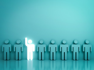 Fototapete - Stand out from the crowd and different concept , One glowing light man raising his hand among other people on green background with reflections and shadows . 3D rendering.