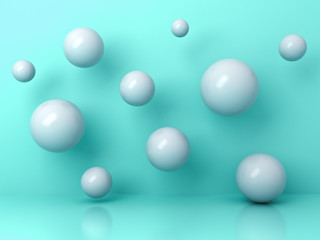 Aufkleber - Abstract white flying 3d spheres on cyan background with reflection and shadows. 3D rendering.