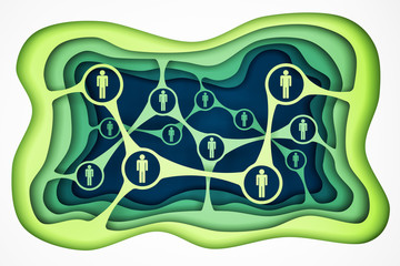 Aufkleber - Social network and communication media concept, green paper layers with icons of people connected with each other, isolated on white