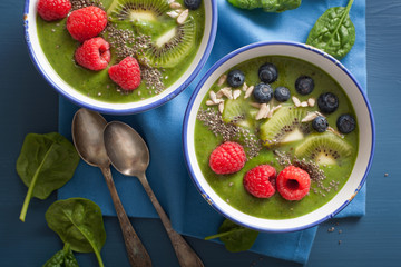 Wall Mural - green smoothie bowl spinach kiwi blueberry lime banana with chia seed