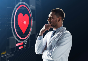 Poster - doctor or scientist in white coat with heart rate