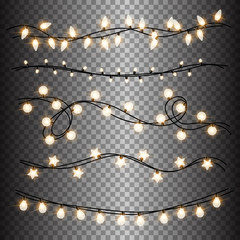 Set of warm light lamps garlands, festive decorations. Glowing christmas lights isolated on transparent background. Vector round, stars and little bulbs.