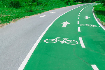 Sign of bicycle on green road. Concept traffic sign.