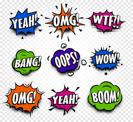Aufkleber - Isolated abstract colorful comics speech balloons icons collection on checkered background, dialog boxes with popular expressions set,pop art dialog frames vector illustration.