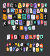 Colorful Newspaper alphabet. Hand made anonymous set. Vector Letters, numbers and punctuation marks