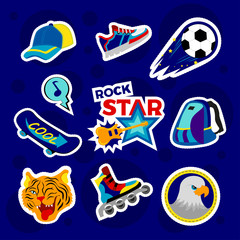 fashion patch badges with backpack, rollers, ball, baseball cap, board and other. very large set of 