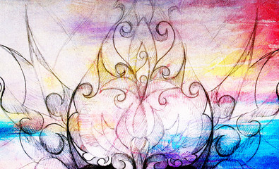 Aufkleber - Ornamental Drawing. Original hand draw and computer collage. Color structure.