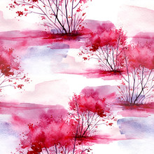Watercolor Seamless Pattern, Background With Vintage Pattern. Pink Bush, Tree, Beautiful Landscape In Pink, Lilac Color. On A White Background. Stylish Fashion Illustration