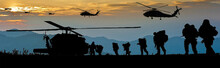 Military Silhouette, Walk Into Battle In The Evening.