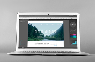 laptop and interface of program for graphic design on screen, gray background. modern technology con