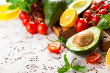 Avocado, cherry tomatoes, citrus and fresh herbs