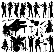 Set Of Musicians With Their Instruments Silhouettes 