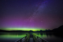 Northern Lights And Milky Way Over Lake McDonald, Glacier National Park, Montana