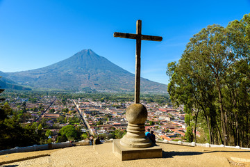 Wall Mural - Cerro de la Cruz - Viewpoint from hill to old historic city Antigua and volcano in the mayan highlands in Guatemala