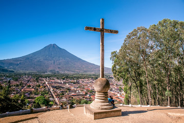 Cerro de la Cruz - Viewpoint from hill to old historic city Antigua and volcano in the mayan highlands in Guatemala