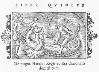 Norwegian dragon slain by King Harold.. Date: 1555