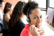 Smiling Black Business Woman Working In Call Center