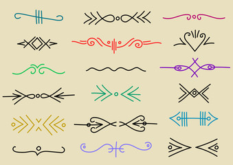 Poster - Vector set of hand-drawn linear colorful dividers, borders in vintage style.
