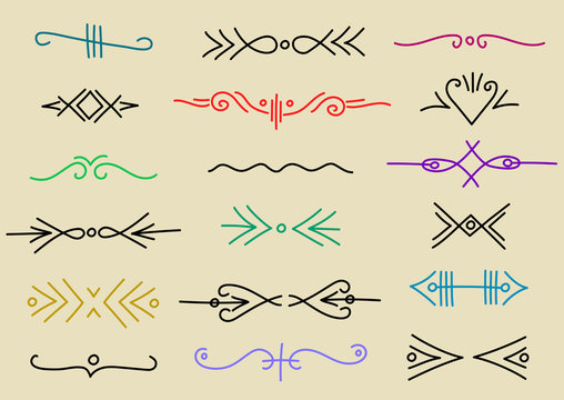 Vector set of hand-drawn linear colorful dividers, borders in vintage style.