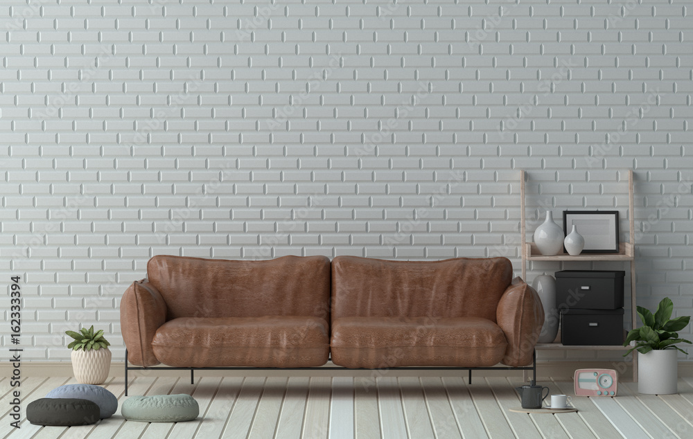 Leather sofa in living room interior design 3D illustration and white ...
