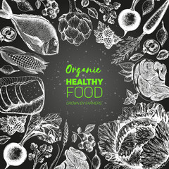 Wall Mural - Healthy food frame vector illustration. Vegetables, berries, meat, fish hand drawn. Organic food set.